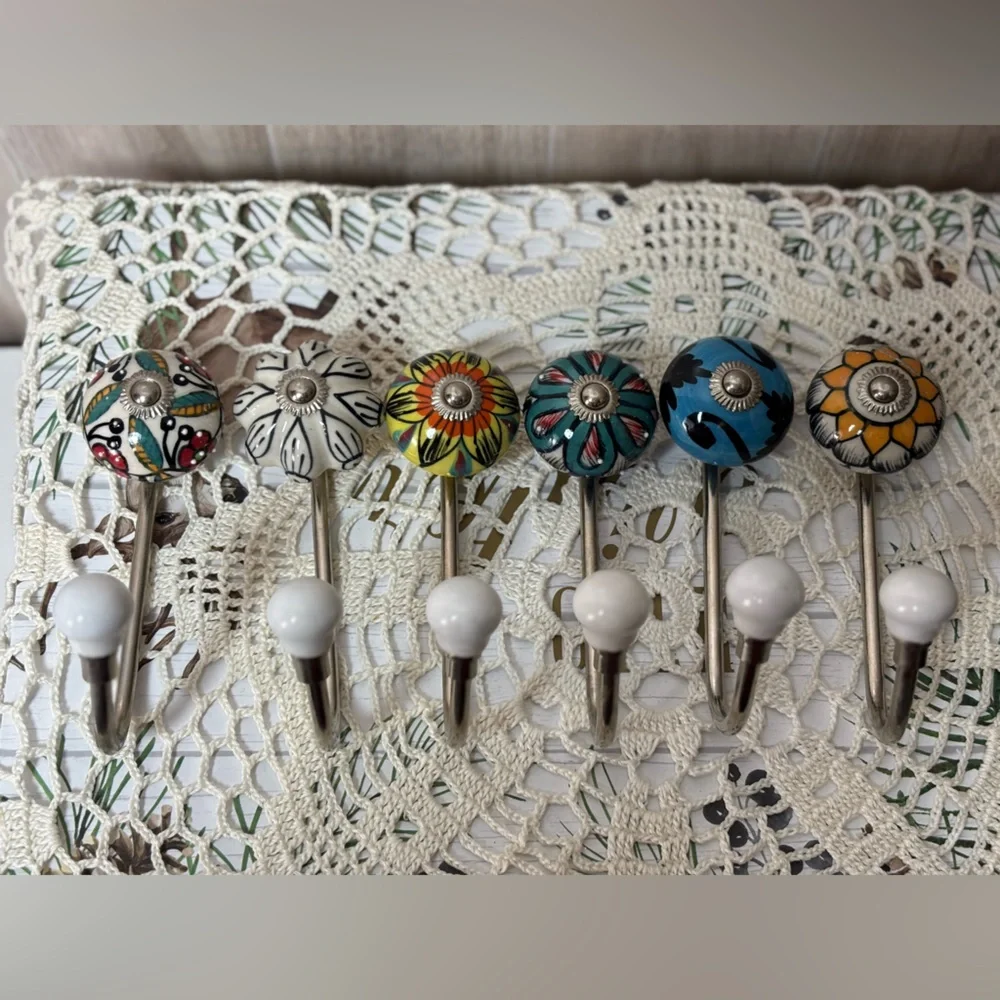 Colorful Hand Painted Ceramic Metal Wall Hook Set